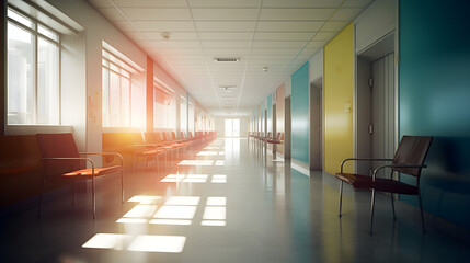 A vast hospital corridor filled with seating, blending geometric patterns and vibrant tones to create a symmetrical fusion of contemporary design elements with traditional influences.