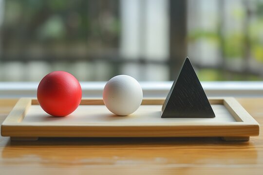 A white-painted wooden tray holds two balls - one red sphere and one black triangle.