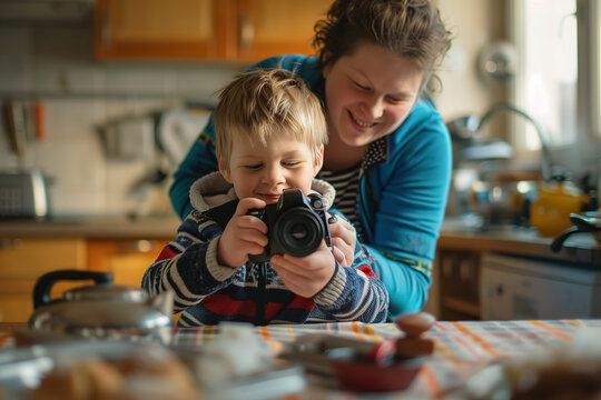 A woman takes a picture of a child with a camera.