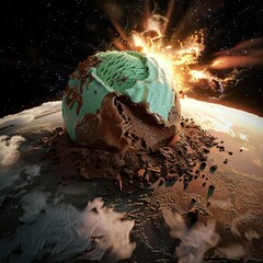 Classic comic book meteorite ice cream adventure, vanilla choc chip, melting upon Earth impact, full cosmic view