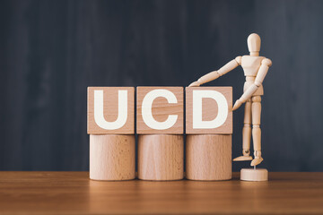 There is wood cube with the word UCD. It is an abbreviation for User Centered Design as...