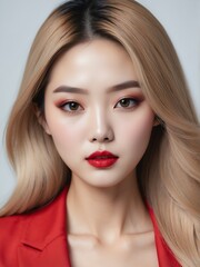 Beautiful portrait of sensual korean woman with bright red lips and long straight blonde hair for make up cosmetics and skin car from Generative AI