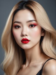 Beautiful portrait of sensual japanese woman with bright red lips and long straight blonde hair for make up cosmetics and skin c from Generative AI