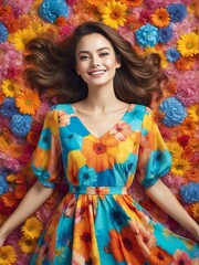Happy beautiful woman on colorful plain dress on a colorful flowers texture background from Generative AI