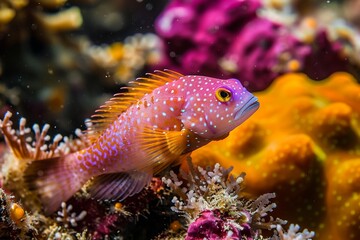 Colorful fish swims among colorful corals.