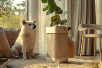 Creative image of small air purifier with white blonde family and dog, wabi-sabi style, light gold, beige tones, close up shot