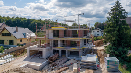 Fototapeta premium Urban Development: Construction Site with New Home in Progress 