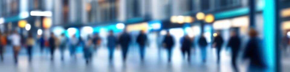 Abstract colorful colorful illustration of passersby on city street, blurred bokeh background for social media banner, website and for your design, space for text
