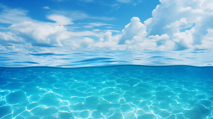 Blue ocean surface seen from underwater, sea water with sunny and cloudy sky. Abstract blue background. Water with sunbeams.