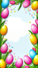 Holiday celebration banner with colorful tulips, spring flowers and colorful decorated Easter eggs on light background. Happy Easter greeting card, banner, festive background. Close up, Copy space.