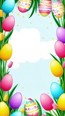 Holiday celebration banner with colorful tulips, spring flowers and colorful decorated Easter eggs on light background. Happy Easter greeting card, banner, festive background. Close up, Copy space.