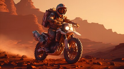A fully equipped astronaut rides a motorbike across a Mars-like landscape. The scene depicts a solitary journey, blending science fiction with adventure.
