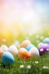 Colorful hand painted Easter eggs on the grass - 744869833