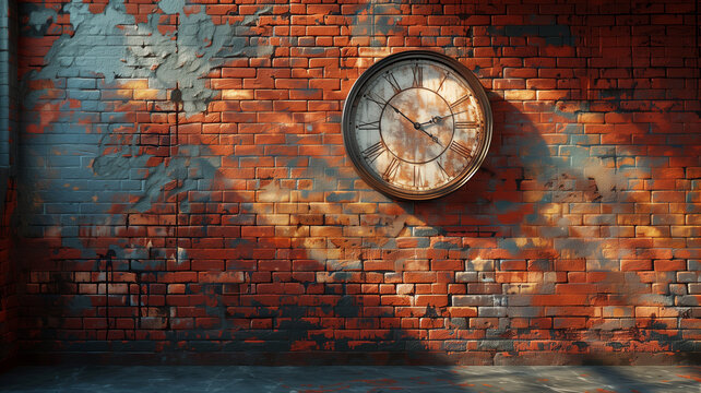 red brick wall with a clock hanging on it - Powered by Adobe