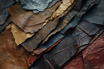 Leather craft or leather working. Selected pieces of beautifully colored or tanned leather on leather craftman's work desk