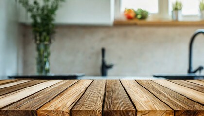 Blurred kitchen bench background with an empty wooden table in front