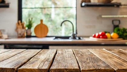 Wooden table positioned against a kitchen backdrop that is slightly out of focus