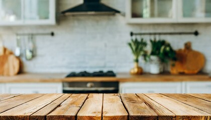 Wooden table positioned against a kitchen backdrop, slightly blurred