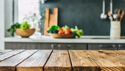 Wooden table in focus, with a blurred kitchen countertop in the background