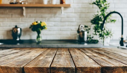 A wooden table set against a kitchen bench with a gentle blur