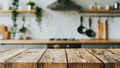 An empty wooden table with a softly blurred kitchen bench behind it