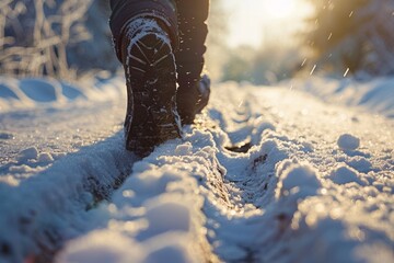 Les semelles de chaussures d'une personne marchant sur une route couverte de neige fondante, ?(C)clair?(C)e par le soleil hivernal. - obrazy, fototapety, plakaty
