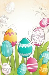 Holiday celebration banner with cute Easter decorated eggs and spring flowers on green spring meadow. Flowers in landscape. Happy Easter greeting card, banner, festive background.Copy space.