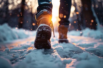 Les semelles de chaussures d'une personne marchant sur une route couverte de neige fondante, ?(C)clair?(C)e par le soleil hivernal. - obrazy, fototapety, plakaty