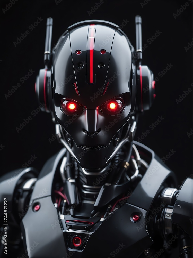 Poster portrait of a black humanoid robot with red eyes looking at the camera on plain dark empty black bac