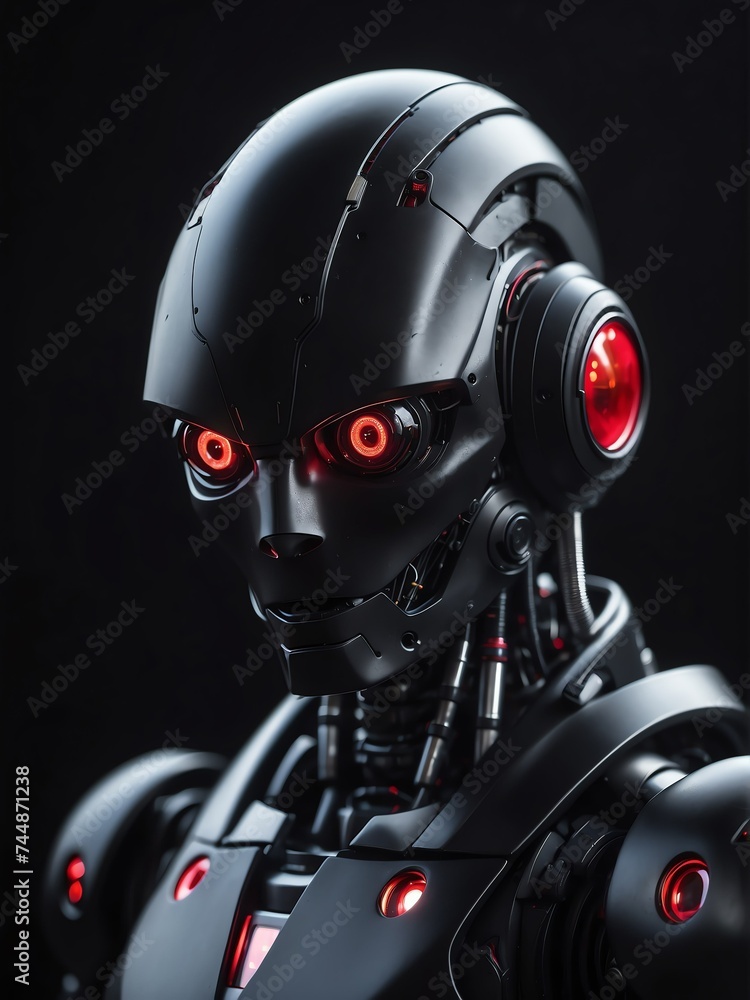 Poster portrait of a black humanoid robot with red eyes looking at the camera on plain dark empty black bac