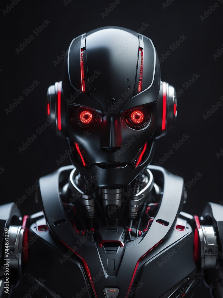 Poster portrait of a black humanoid robot with red eyes looking at the camera on plain dark empty black bac