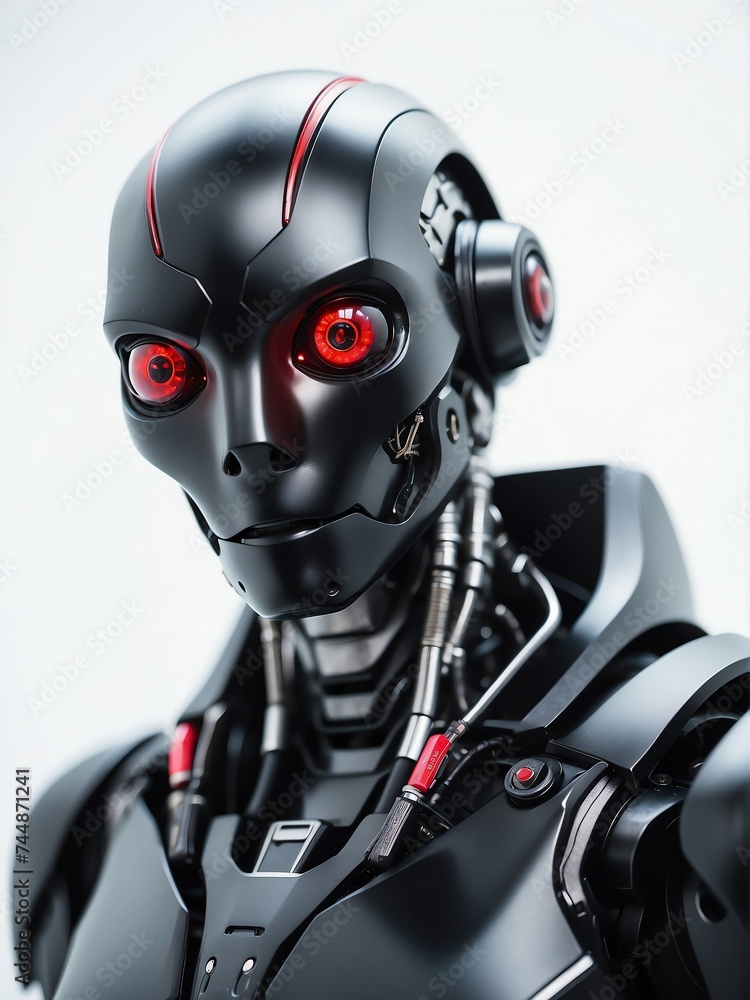 Poster portrait of a black humanoid robot with red eyes looking at the camera on plain white empty backgrou