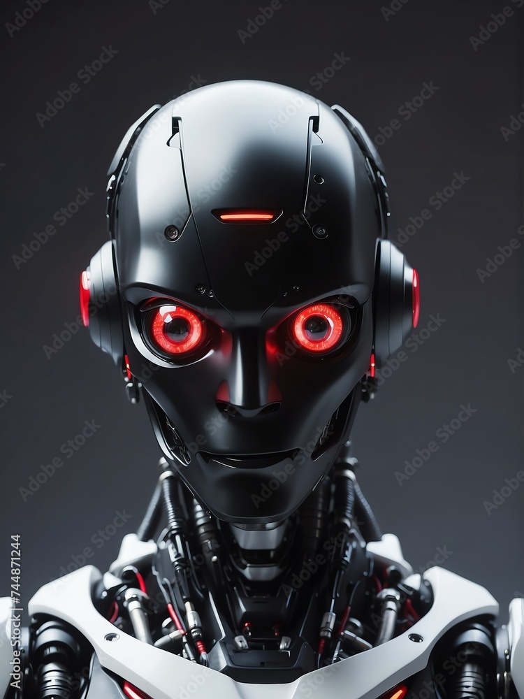 Poster portrait of a black humanoid robot with red eyes looking at the camera on plain white empty backgrou
