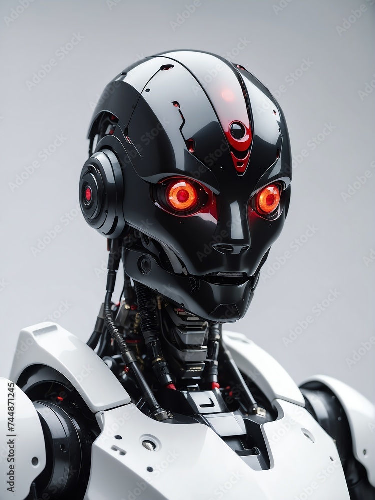 Poster portrait of a black humanoid robot with red eyes looking at the camera on plain white empty backgrou