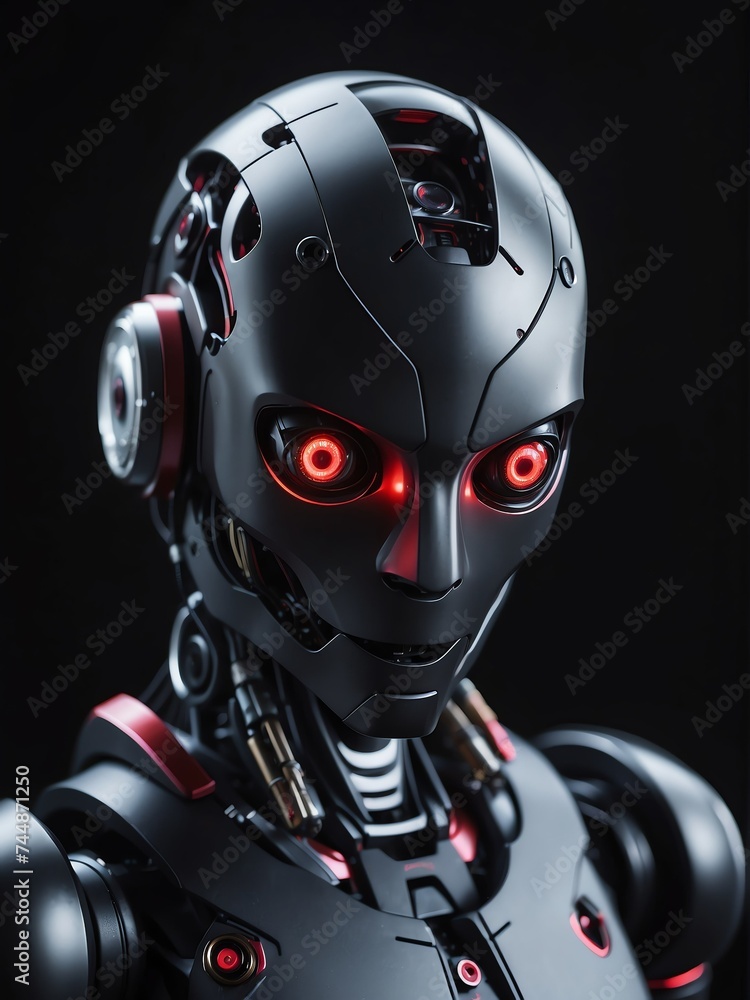Poster portrait of a humanoid robot with red eyes looking at the camera on plain dark empty black backgroun