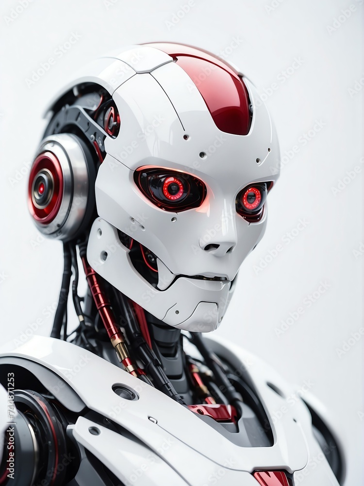 Poster portrait of a humanoid robot with red eyes looking at the camera on plain white empty background fro