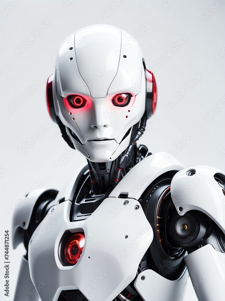 Poster portrait of a humanoid robot with red eyes looking at the camera on plain white empty background fro