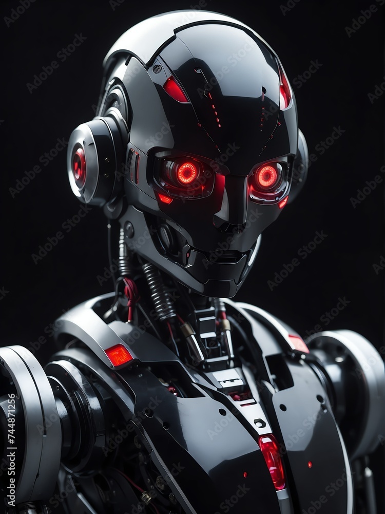 Poster portrait of a humanoid robot with red eyes looking at the camera on plain dark empty black backgroun