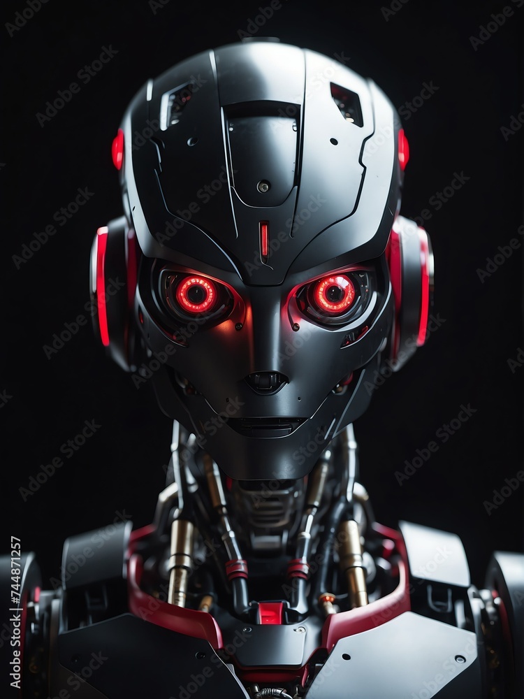Poster portrait of a humanoid robot with red eyes looking at the camera on plain dark empty black backgroun