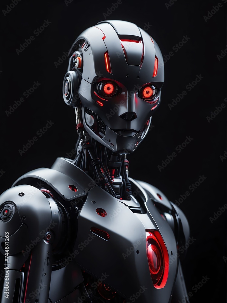 Poster portrait of a humanoid robot with red eyes looking at the camera on plain dark empty black backgroun