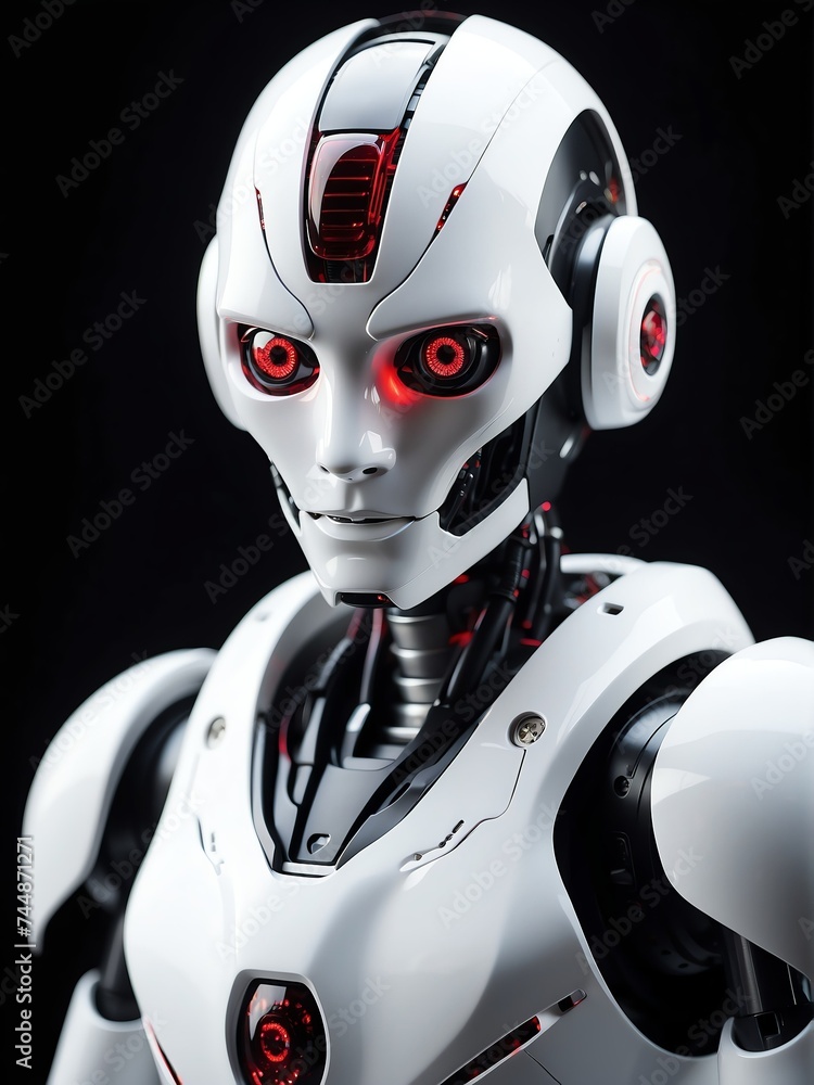 Poster portrait of a white humanoid robot with red eyes looking at the camera on plain dark empty black bac
