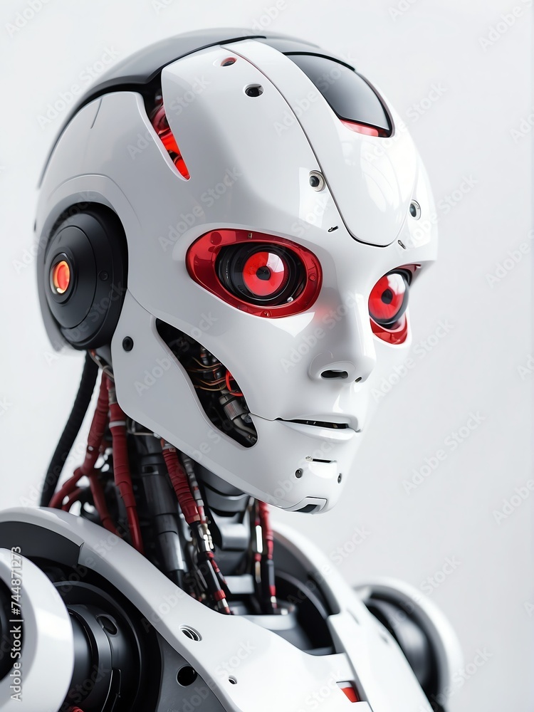 Poster portrait of a humanoid robot with red eyes looking at the camera on plain white empty background fro