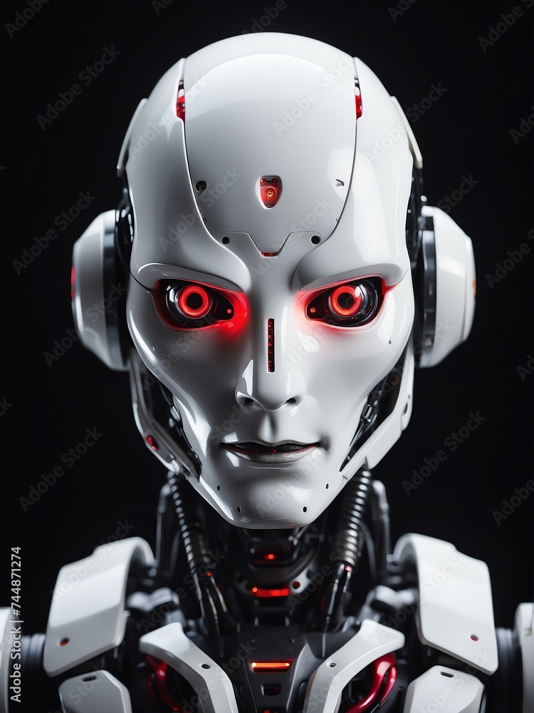 Poster portrait of a white humanoid robot with red eyes looking at the camera on plain dark empty black bac