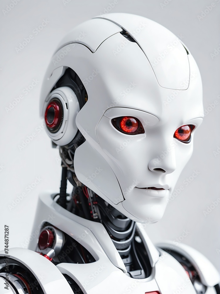 Poster portrait of a white humanoid robot with red eyes looking at the camera on plain white empty backgrou
