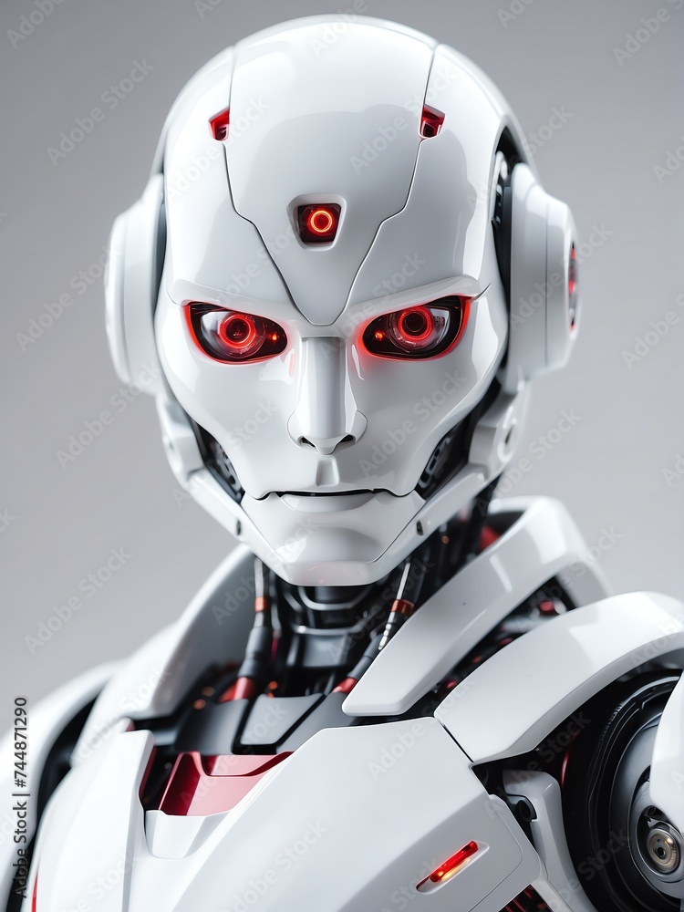 Poster portrait of a white humanoid robot with red eyes looking at the camera on plain white empty backgrou