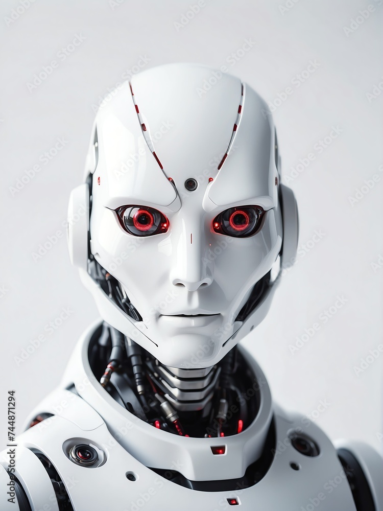 Poster portrait of a white humanoid robot with red eyes looking at the camera on plain white empty backgrou