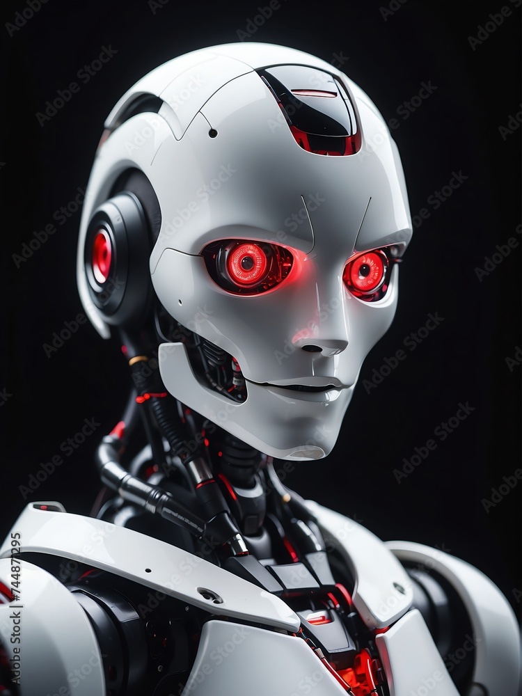 Poster portrait of a white humanoid robot with red eyes looking at the camera on plain dark empty black bac