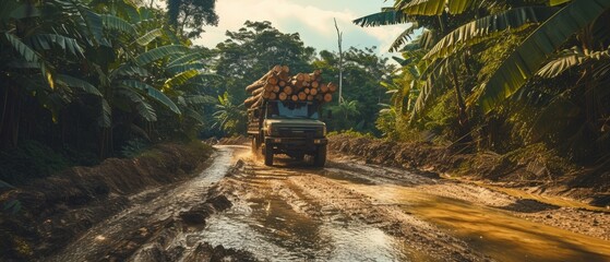 Timber truck carrying firewood in the jungle. Splashes, dirt, branches, stones. Off-road. Generative ai. Jungle. Heat - Powered by Adobe
