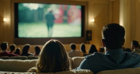 Couple together watching a movie in the theater. Back view. 