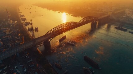 An aerial perspective of an architectural landmark bridge